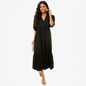 Hunter Bell Palmer Puff Sleeve Ruffle Hem Midi Dress Onyx Size Small